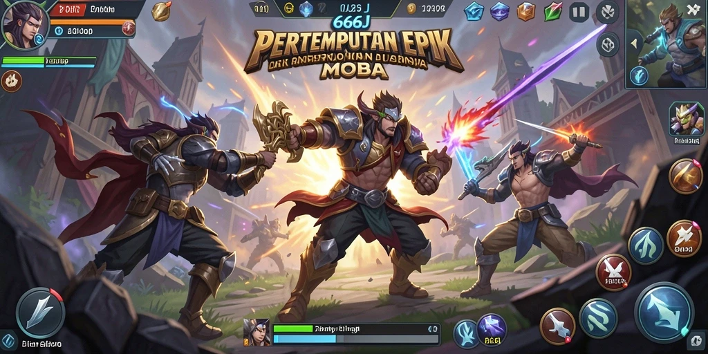 Screenshot 666J menampilkan aksi pertempuran epik di arena MOBA.