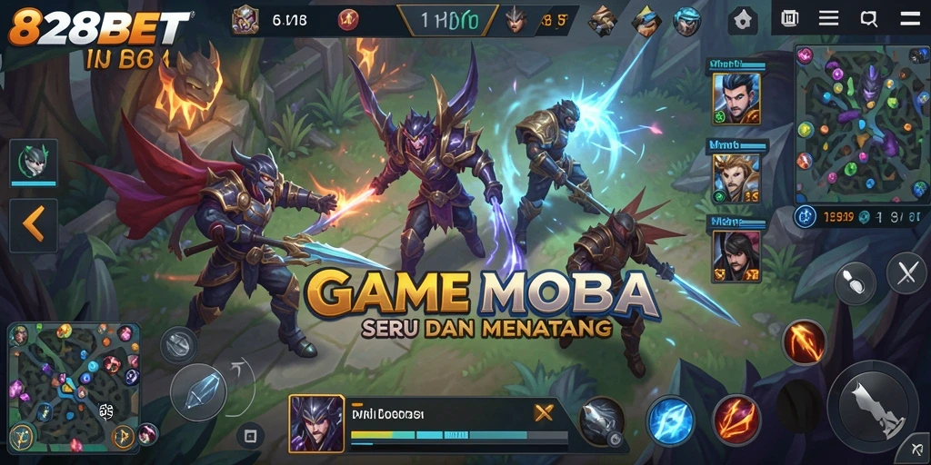 Screenshot utama 828BET menampilkan aksi pertempuran di arena MOBA.