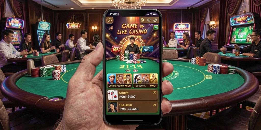 Screenshot ATM138 menampilkan dealer live dan permainan kasino seru.