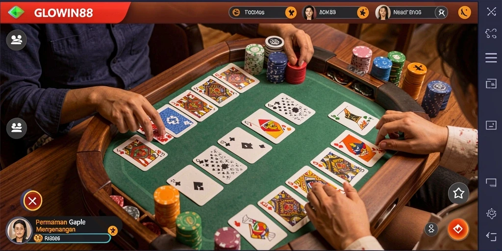 Screenshot gameplay <strong>GLOWIN88</strong> yang menampilkan pertarungan seru di Gaple.