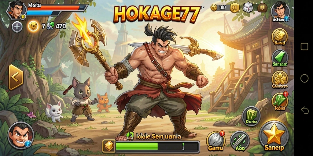 Tampilan gameplay utama HOKAGE77 dengan aksi idle yang seru dan karakter menarik.