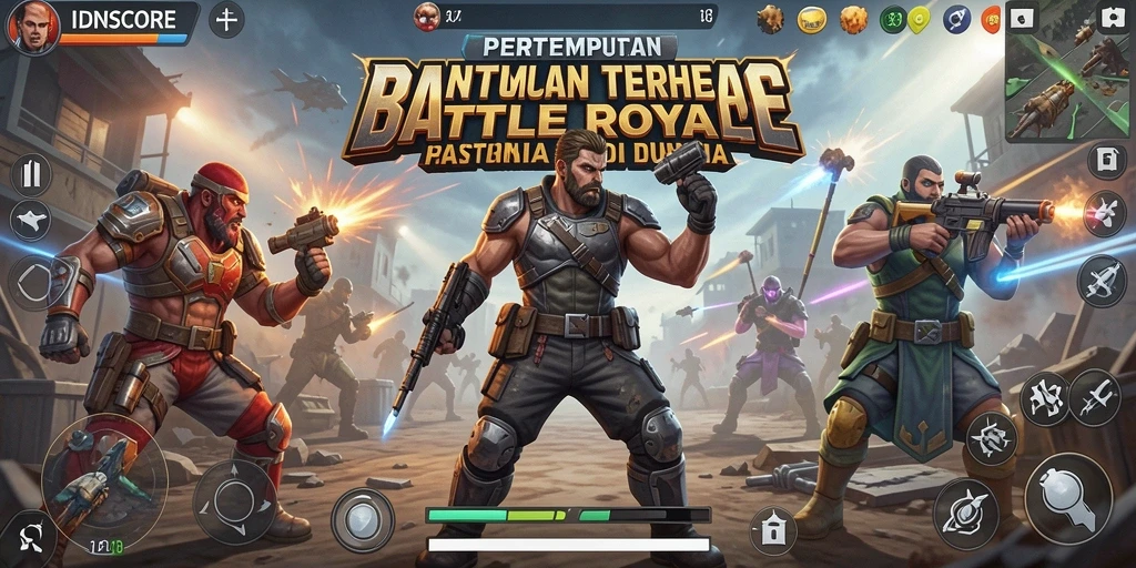 Gameplay seru IDNSCORE dalam pertempuran Battle Royale.
