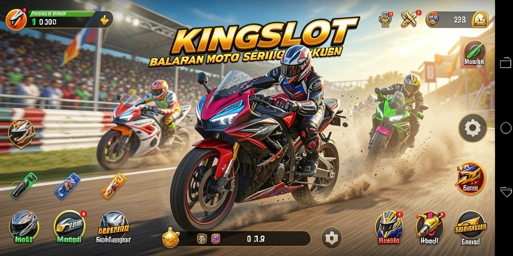 Gameplay KINGSLOT yang seru dan mendebarkan dalam balapan motor.