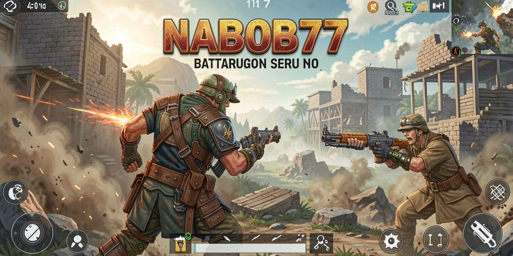 Screenshot gameplay NABOB77 menunjukkan aksi pertempuran epik di dunia Battle Royale.
