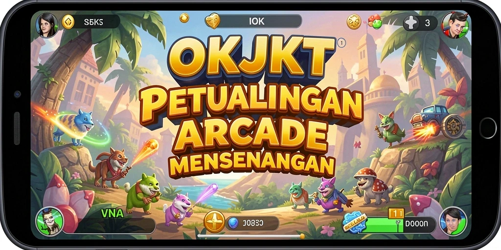 Tangkapan layar utama OKJKT menampilkan gameplay seru dengan tantangan Arcade.