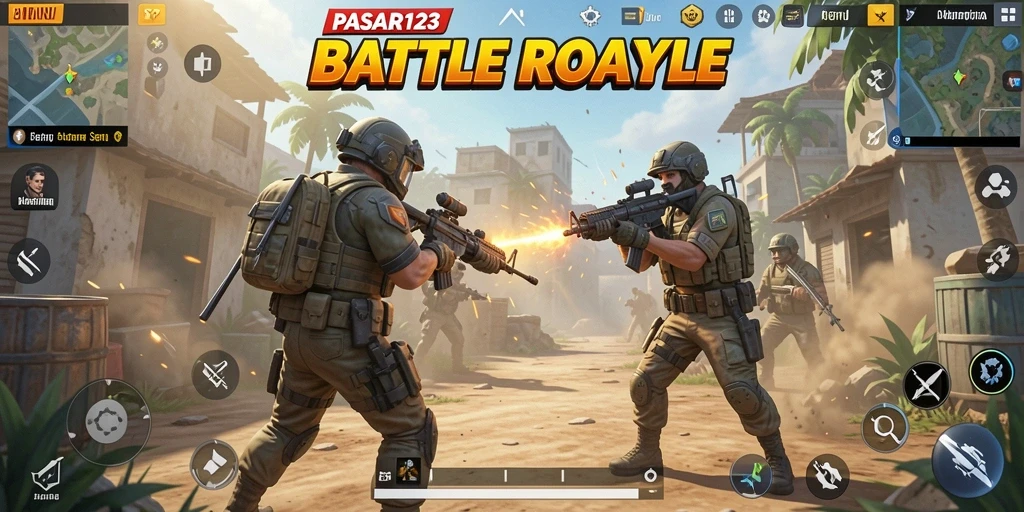 Screenshot utama PASAR123 menampilkan aksi seru dalam permainan Battle Royale.