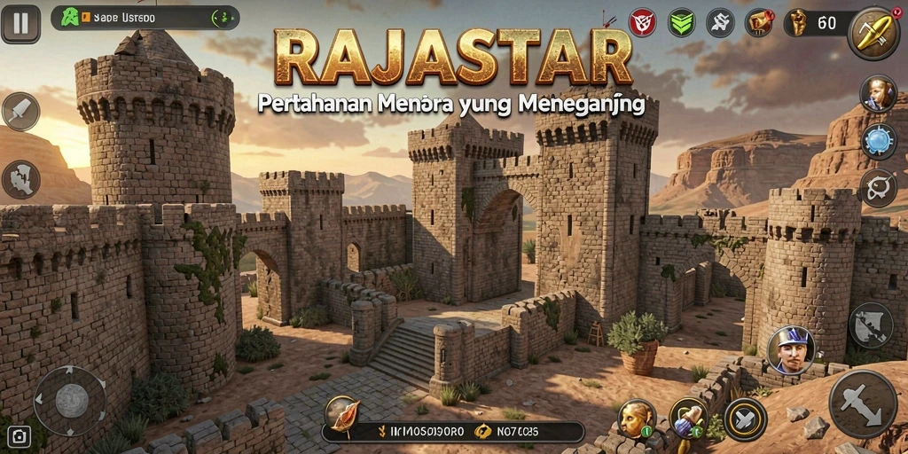 Tampilan gameplay RAJASTAR dengan menara dan musuh yang menegangkan.